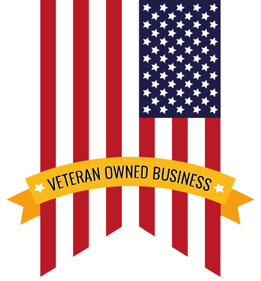 An American flag with vertical stripes and a banner across the middle reading "Veteran Owned Business.